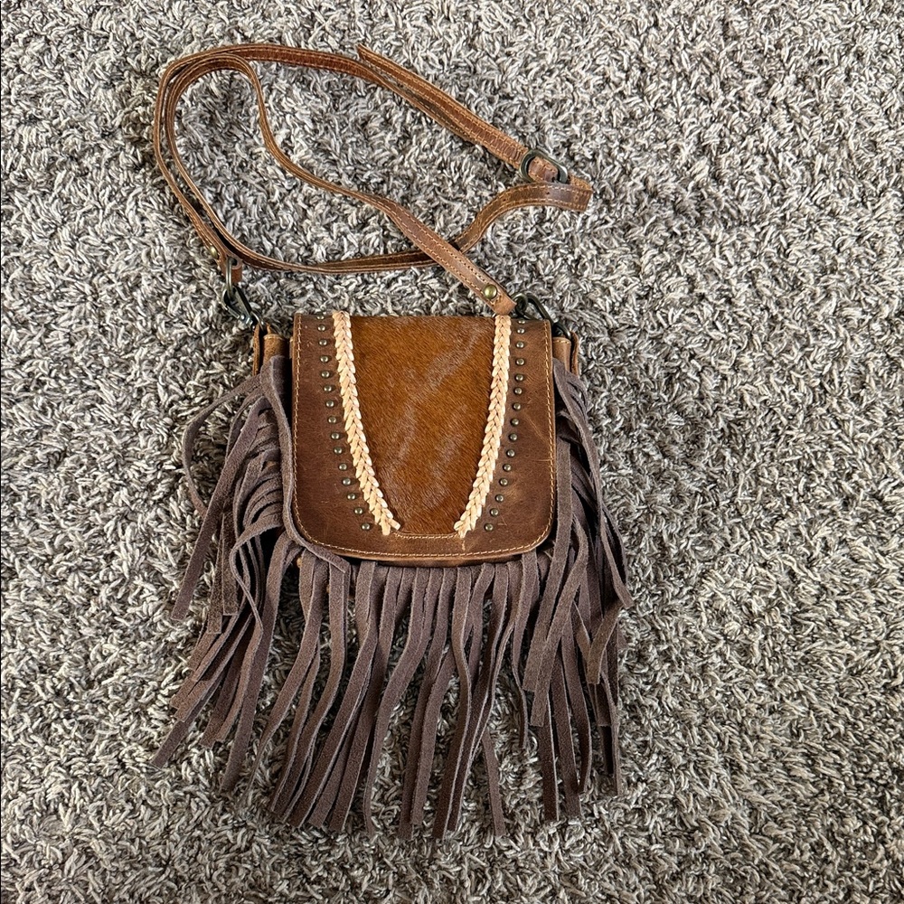 American Darling Tan and Brown Fringe Crossbody Bag